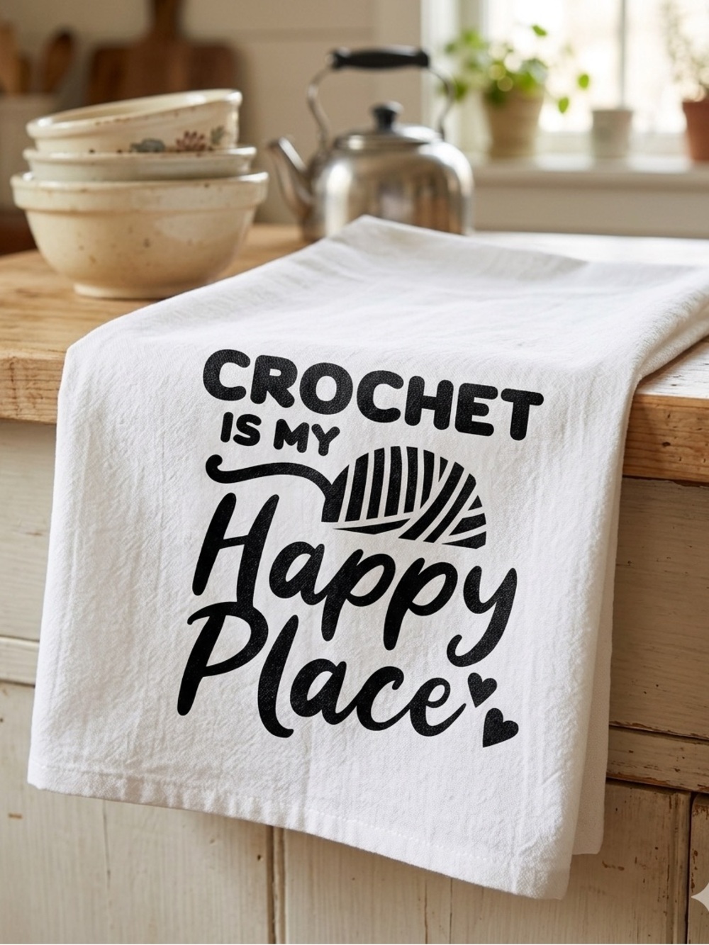 Crochet Is My Happy Place Cotton Kitchen Towel - White/Black